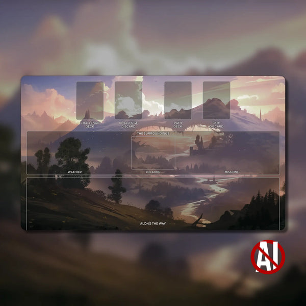 Earthborne Rangers Shared Areas Playmat, 24" x 14", 3 mm neoprene with stitched edges and non-slip rubber backing. Features zones for Weather, Location, Missions, and Along the Way cards. Original artwork by @forja_studios for organized and immersive cooperative gameplay.