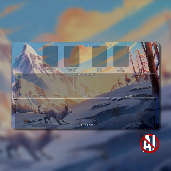 Earthborne Rangers Shared Areas Playmat, 24" x 14", 3 mm neoprene with stitched edges and non-slip rubber backing. Features zones for Weather, Location, Missions, and Along the Way cards. Original artwork by @forja_studios for organized and immersive cooperative gameplay.