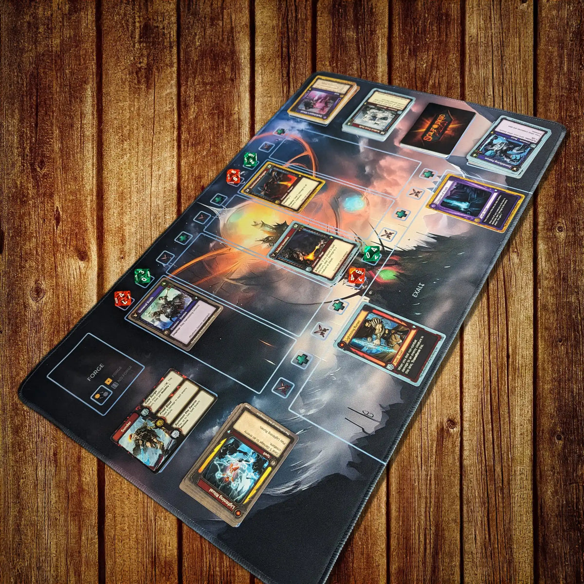 Custom 24" x 14" SolForge Fusion playmat made of 3 mm neoprene with stitched edges and non-slip rubber backing. Features zones for lanes, deck, discard pile, upgrades, Forgeborn, and exalts.