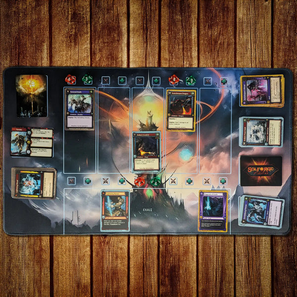 Custom 24" x 14" SolForge Fusion playmat made of 3 mm neoprene with stitched edges and non-slip rubber backing. Features zones for lanes, deck, discard pile, upgrades, Forgeborn, and exalts.