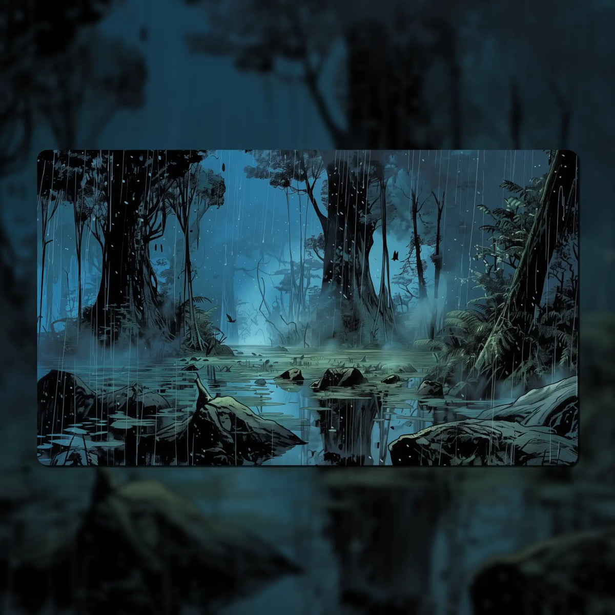 Custom Star Wars: Unlimited playmat, 24" x 14", made of 3 mm neoprene with stitched edges and a non-slip rubber backing. Features dedicated zones for base, leader, ground forces, and space forces. Personalize with fonts, colors, and Star Wars-inspired backgrounds.