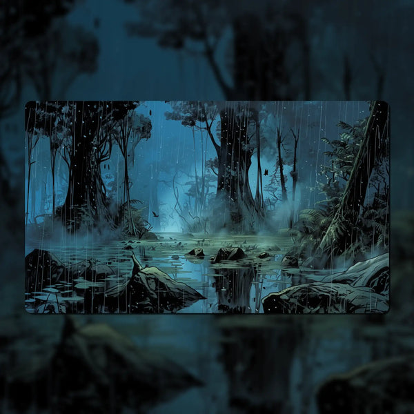 Custom Star Wars: Unlimited playmat, 24" x 14", made of 3 mm neoprene with stitched edges and a non-slip rubber backing. Features dedicated zones for base, leader, ground forces, and space forces. Personalize with fonts, colors, and Star Wars-inspired backgrounds.