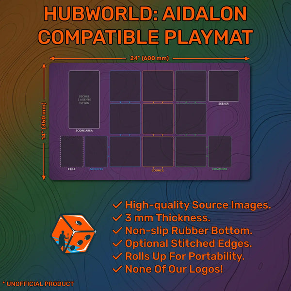Hubworld: Aidalon compatible playmat, unofficial, 24"x14", polyester-blend, stitched or unstitched edges, non-slip neoprene rubber, card zones