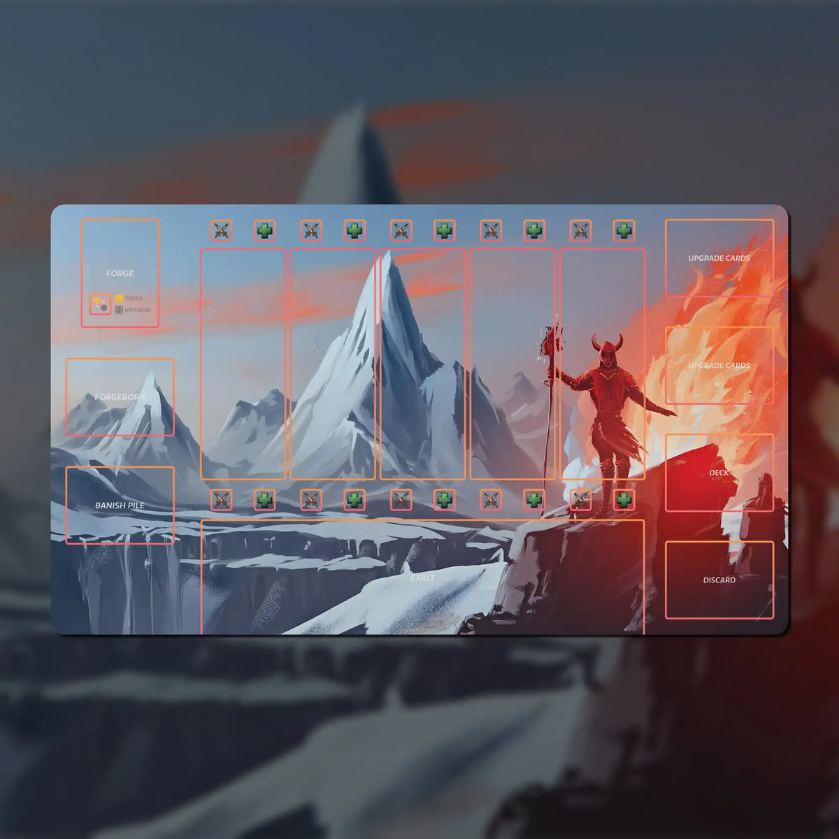 Custom 24" x 14" SolForge Fusion playmat made of 3 mm neoprene with stitched edges and non-slip rubber backing. Features zones for lanes, deck, discard pile, upgrades, Forgeborn, and exalts.