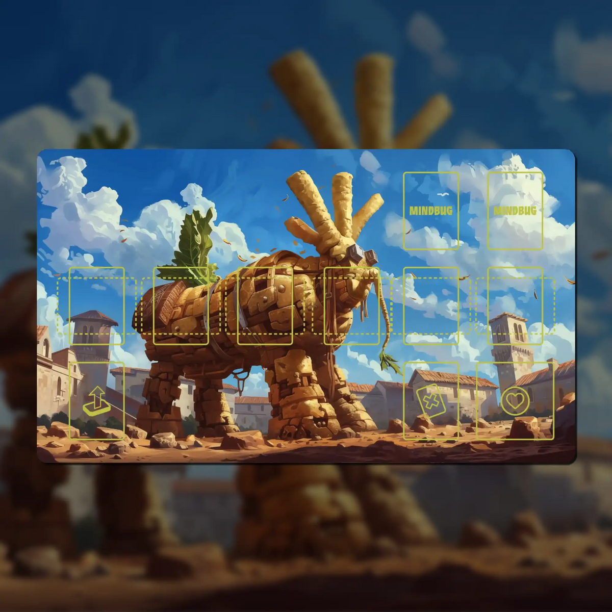 Custom 24" x 14" Mindbug playmat made of 3 mm neoprene with stitched edges and a non-slip rubber backing. Features high-resolution artwork and ample space for cards and tokens. Compatible with Mindbug: First Contact, Beyond, Evolution, and Battlefruits.