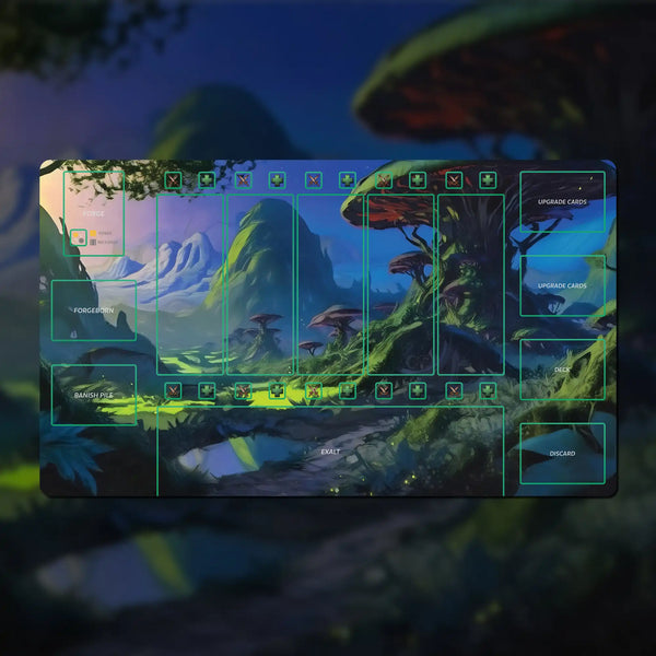 Custom 24" x 14" SolForge Fusion playmat made of 3 mm neoprene with stitched edges and non-slip rubber backing. Features zones for lanes, deck, discard pile, upgrades, Forgeborn, and exalts.