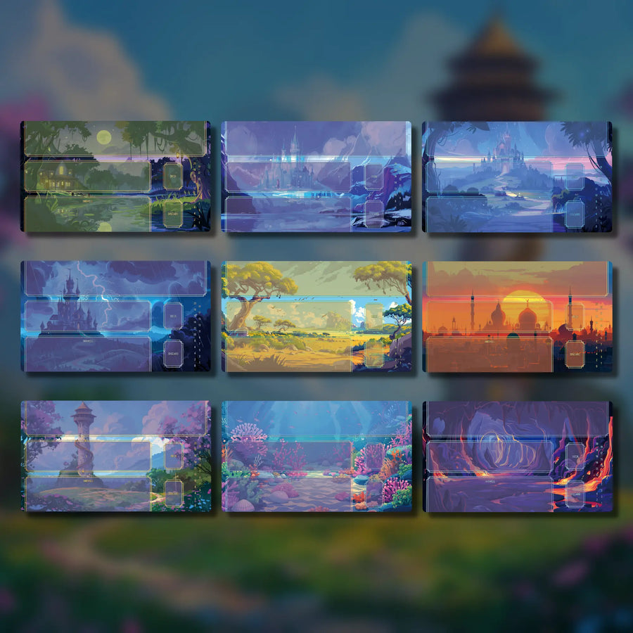 Disney Lorcana 24" x 14" playmat made of 3 mm neoprene with stitched edges and non-slip rubber backing. Features zones for Lore tracking, deck and discard piles, Inkwell management, and play area. Optional zone-free design available for a clean, customizable layout.