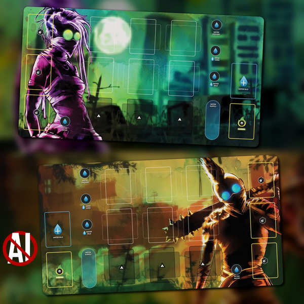 Radlands player playmats, set of two, 24" x 13" (600 x 325 mm), compatible themed tabletop game accessory, No AI Art, Original Artwork