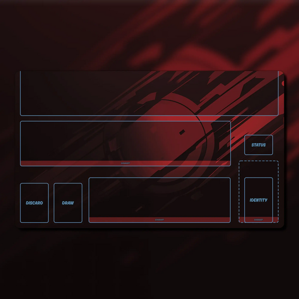 Marvel Champions Hero Dashboard playmat, 24" x 14", made of 3 mm neoprene with stitched edges and a non-slip rubber backing. Features zones for identity cards, upgrades, supports, allies, resources, and status effects. Perfect for organized and immersive Marvel Champions gameplay.