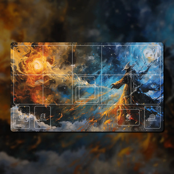 Sorcery: Contested Realm playmat, 24" x 14", made of 3 mm neoprene with stitched edges and non-slip rubber backing. Features zones for decks, spells, and summons, perfect for organized and immersive gameplay.