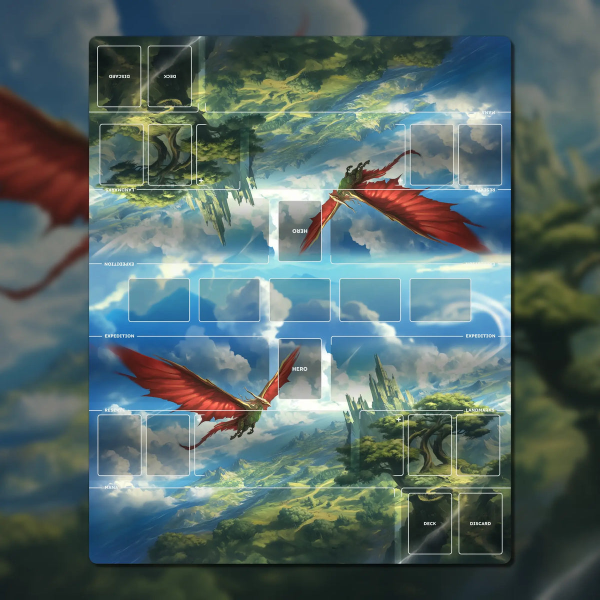 Two-player playmat, 30" x 24" (750 x 600 mm), fan content, compatible themed neoprene player mat