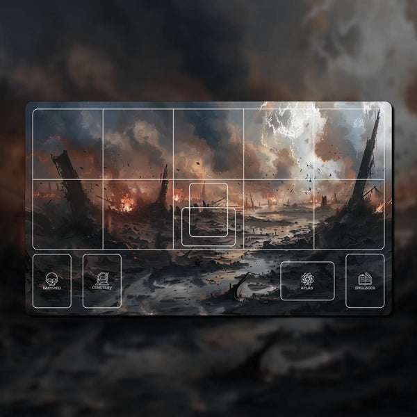Sorcery: Contested Realm playmat, 24" x 14", made of 3 mm neoprene with stitched edges and non-slip rubber backing. Features zones for decks, spells, and summons, perfect for organized and immersive gameplay.