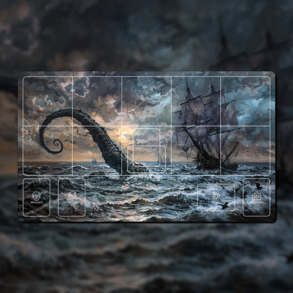 Sorcery: Contested Realm playmat, 24" x 14", made of 3 mm neoprene with stitched edges and non-slip rubber backing. Features zones for decks, spells, and summons, perfect for organized and immersive gameplay.