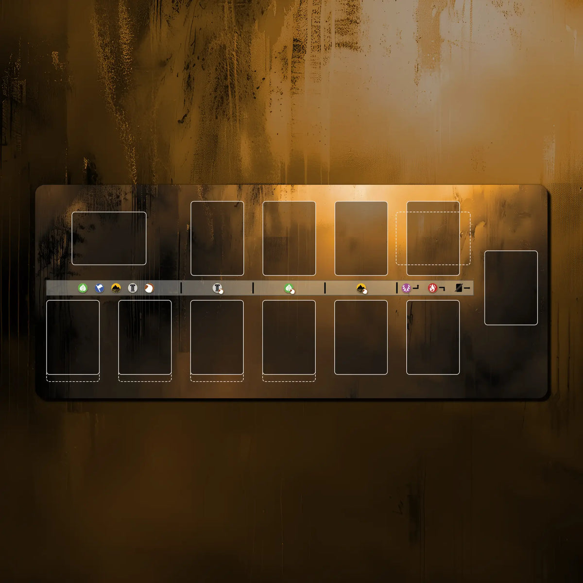 Custom 24" x 10" market playmat for Imperium: Horizons, Classics, and Legends. Designed for multiplayer games, it features zones for market cards, ensuring efficient and organized gameplay. Made from 3 mm neoprene with stitched edges and a non-slip rubber backing for durability.