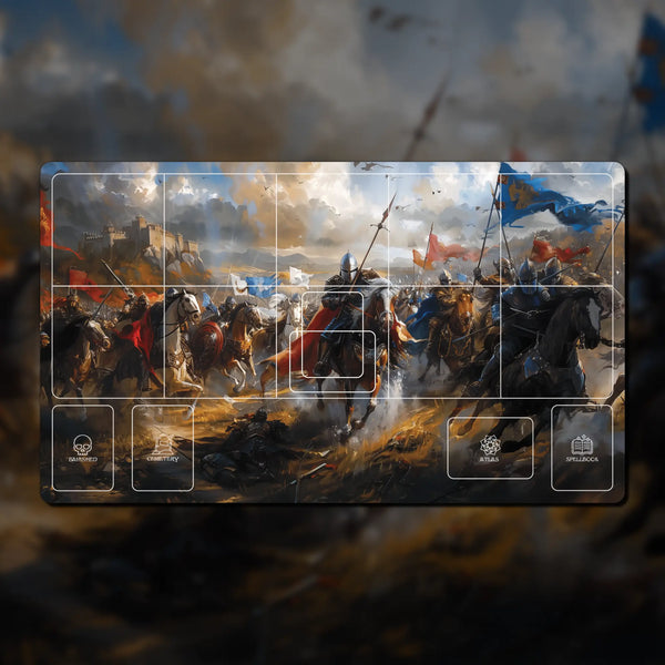 Sorcery: Contested Realm playmat, 24" x 14", made of 3 mm neoprene with stitched edges and non-slip rubber backing. Features zones for decks, spells, and summons, perfect for organized and immersive gameplay.