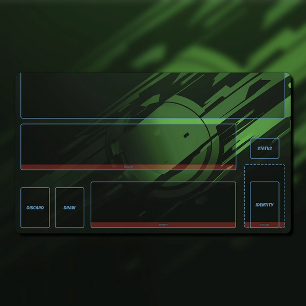 Marvel Champions Hero Dashboard playmat, 24" x 14", made of 3 mm neoprene with stitched edges and a non-slip rubber backing. Features zones for identity cards, upgrades, supports, allies, resources, and status effects. Perfect for organized and immersive Marvel Champions gameplay.