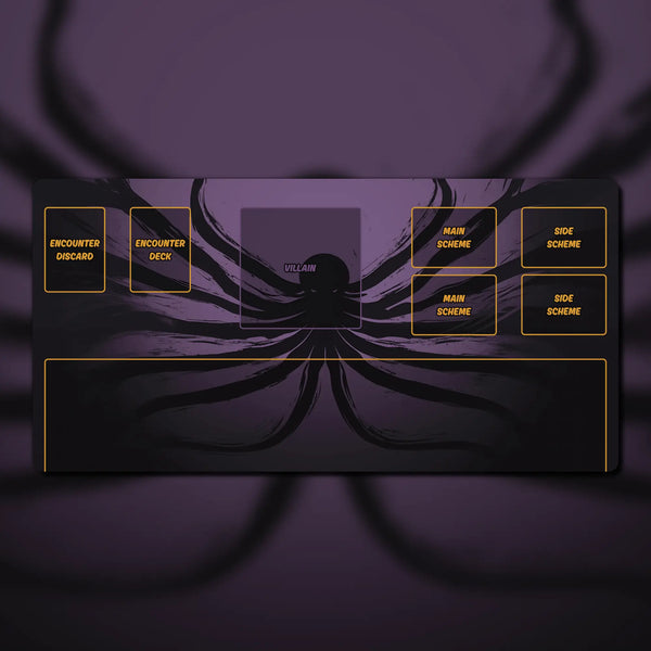 Marvel Champions Villain Playmat, 24" x 12", made of 3 mm neoprene with stitched edges and a non-slip rubber backing. Features zones for one or two villains, oversized villain cards, tokens, minions, and encounter cards.