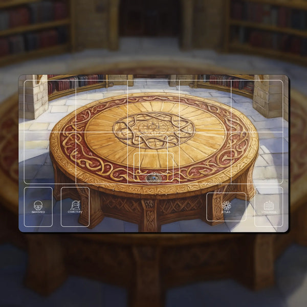 Arthurian Legends Sorcery playmat, 24" x 14", 3 mm neoprene with stitched edges. Features zones for decks, spells, and summons. Inspired by King Arthur and Camelot for immersive gameplay.