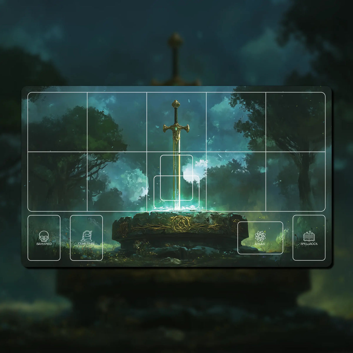 Arthurian Legends Sorcery playmat, 24" x 14", 3 mm neoprene with stitched edges. Features zones for decks, spells, and summons. Inspired by King Arthur and Camelot for immersive gameplay.