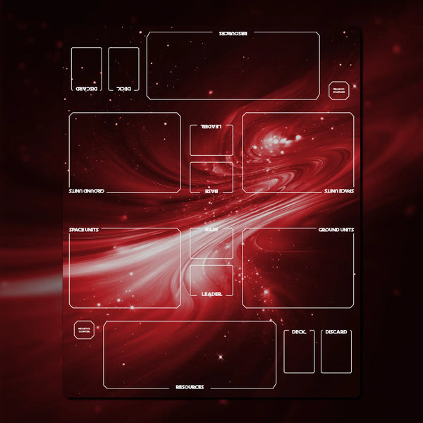 Two-player Star Wars: Unlimited playmat, 30" x 24", made of 2 mm neoprene with stitched edges and a non-slip rubber backing. Features dedicated zones for each player's base, leader, ground forces, and space forces. Designed for organized and immersive gameplay.