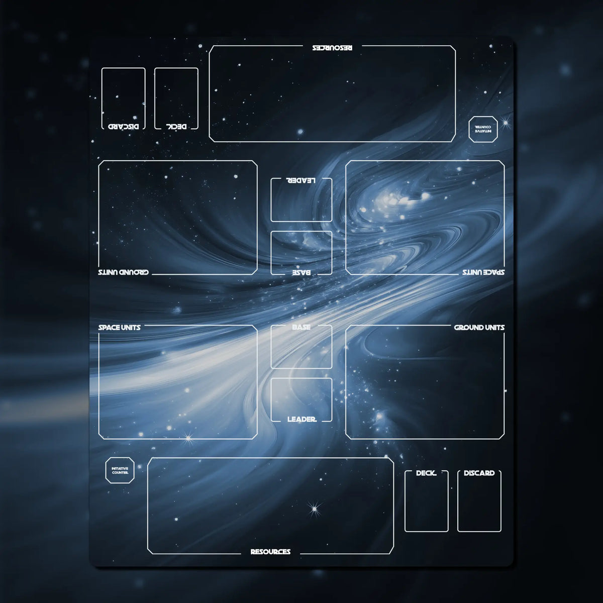 Two-player Star Wars: Unlimited playmat, 30" x 24", made of 2 mm neoprene with stitched edges and a non-slip rubber backing. Features dedicated zones for each player's base, leader, ground forces, and space forces. Designed for organized and immersive gameplay.
