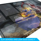 Close-up of the Aeon's End playmat's nemesis zones and artwork