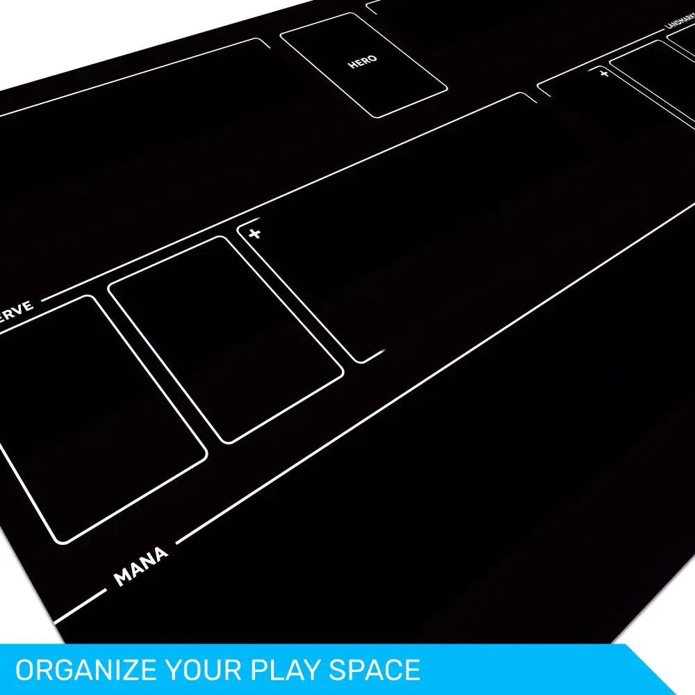 Black playmat with white text and symbols on a white background