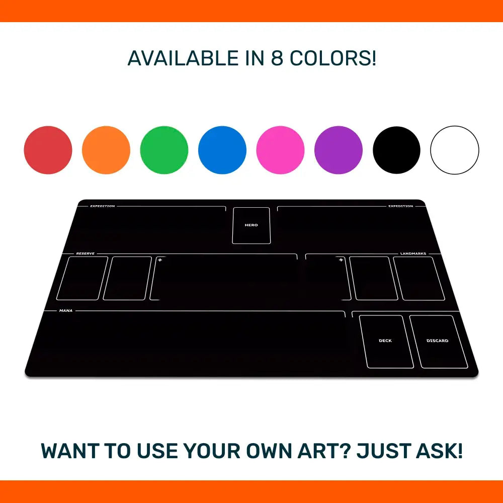 Black mat with color swatches and text about color options and customization.