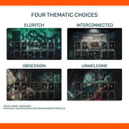 Arkham Horror LCG player playmat designs: Eldritch, Interconnected, Obsession and Unwelcome, artwork by Daniel Hernandez