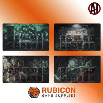 Arkham Horror LCG investigator playmats in four designs: Eldritch, Interconnected, Obsession and Unwelcome