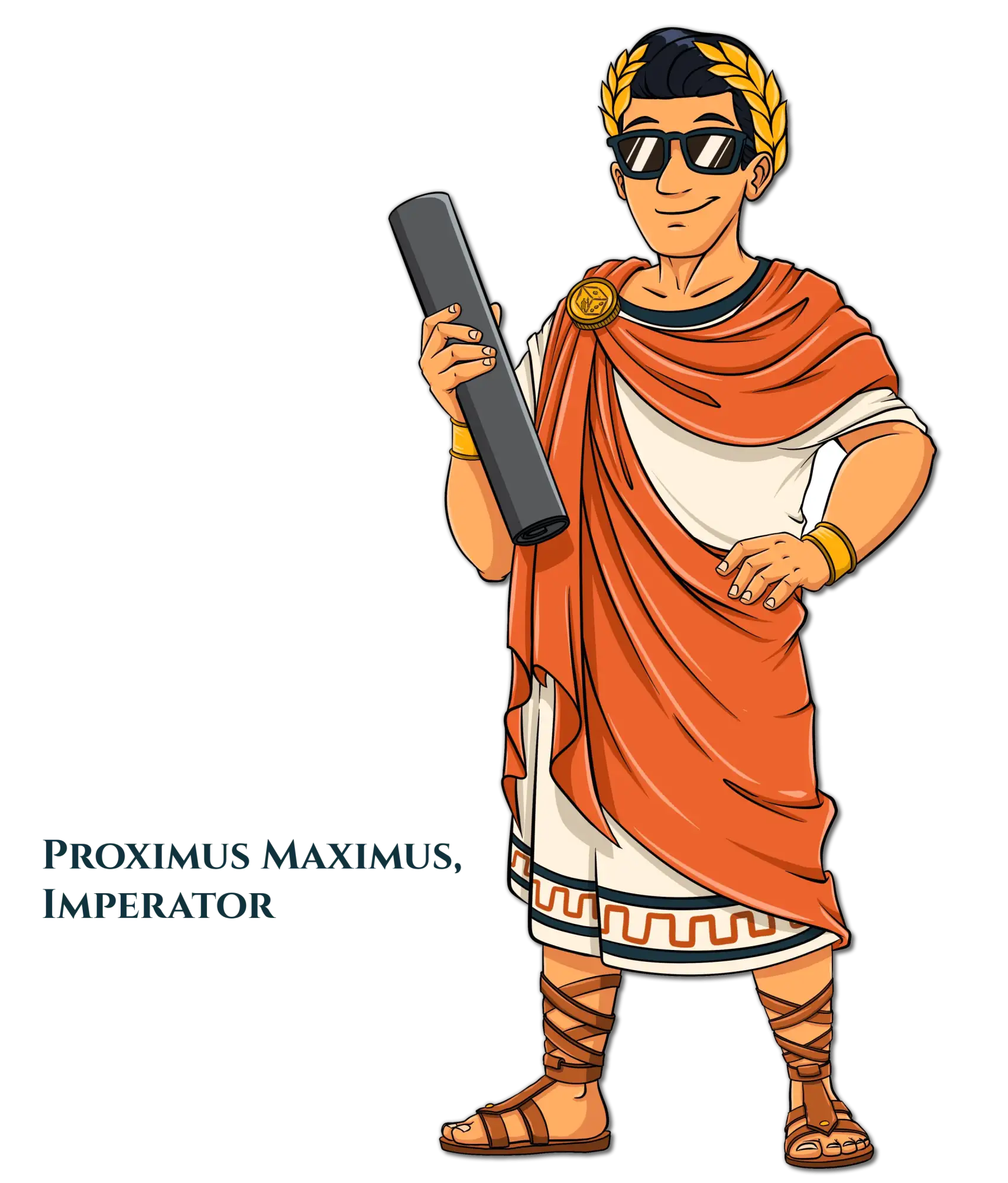 A cartoon roman figure wearing an orange toga and sunglasses, holding a black cylindrical object.