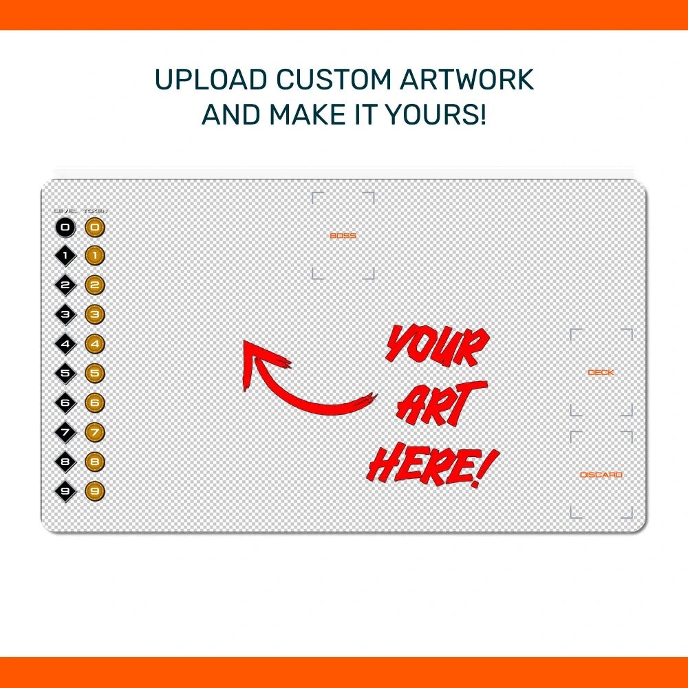 A customizable white mockup board with a transparent checkered pattern background, featuring a column of numbered slots on the left, orange guide marks, and red placeholder text reading 'YOUR ART HERE!' with an arrow. Above the board, the text reads 'UPLOAD CUSTOM ARTWORK AND MAKE IT YOURS!' on a white background with orange borders at the top and bottom.