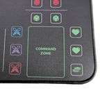 Close-up of a green command zone and heart life icons on the Commander Mini Dashboard playmat