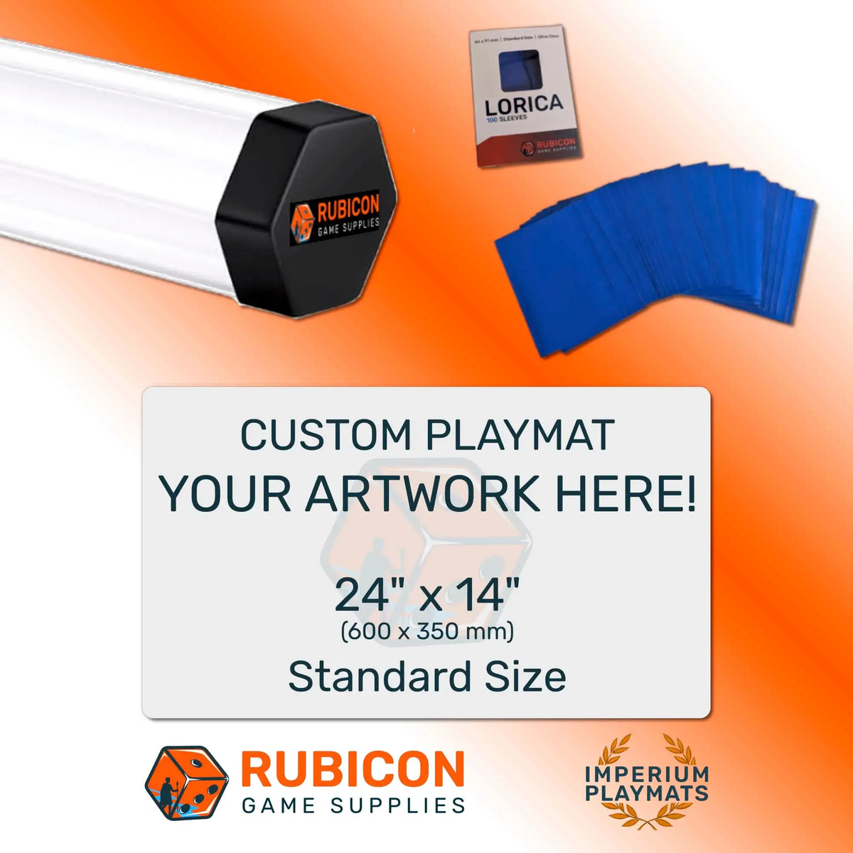Custom 24-inch by 14-inch playmat with a white surface and black hexagonal end cap, branded as rubicon game supplies.