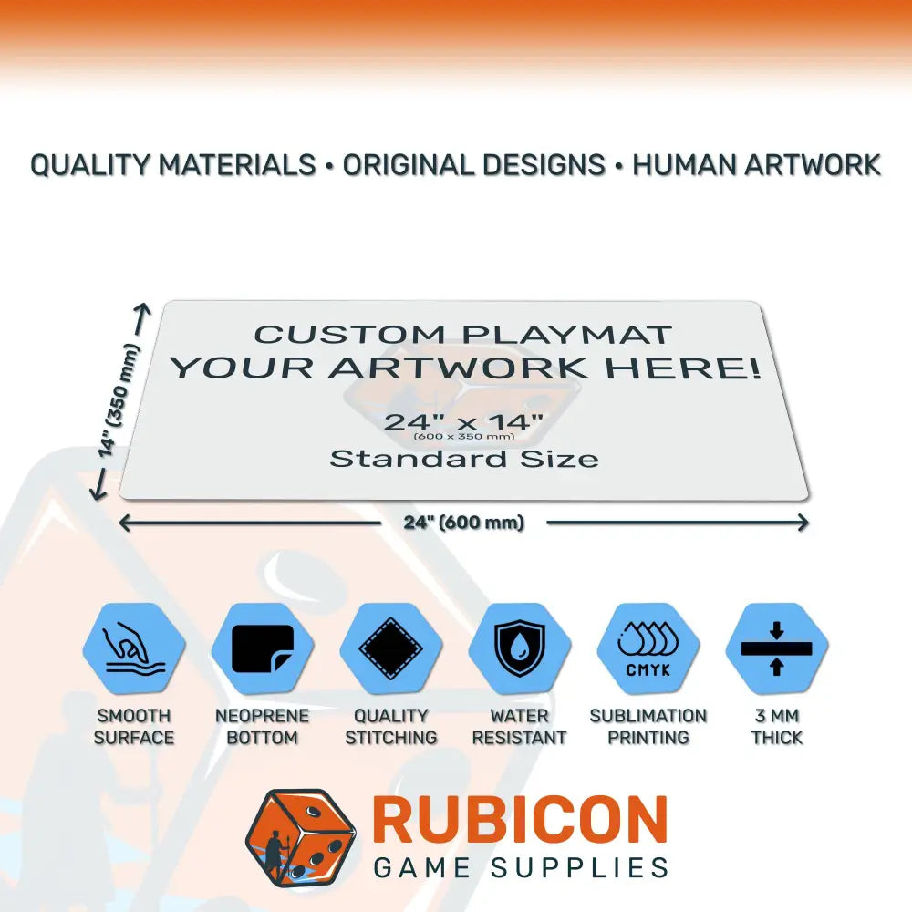 Custom playmat with dimensions and features on a white background, featuring Rubicon Game Supplies branding.