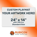 Custom playmat advertisement with Rubicon Game Supplies logo on an orange gradient background