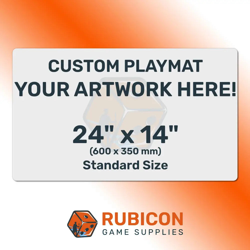 Custom playmat advertisement with Rubicon Game Supplies logo on an orange gradient background