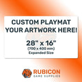 Promotional graphic for Rubicon Game Supplies custom playmat with dimensions and placeholder text.