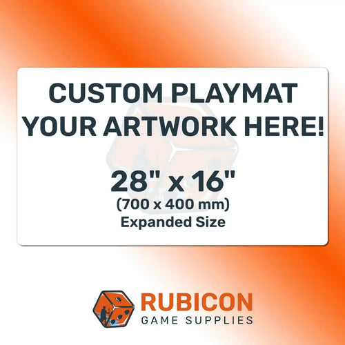 Promotional graphic for Rubicon Game Supplies custom playmat with dimensions and placeholder text.