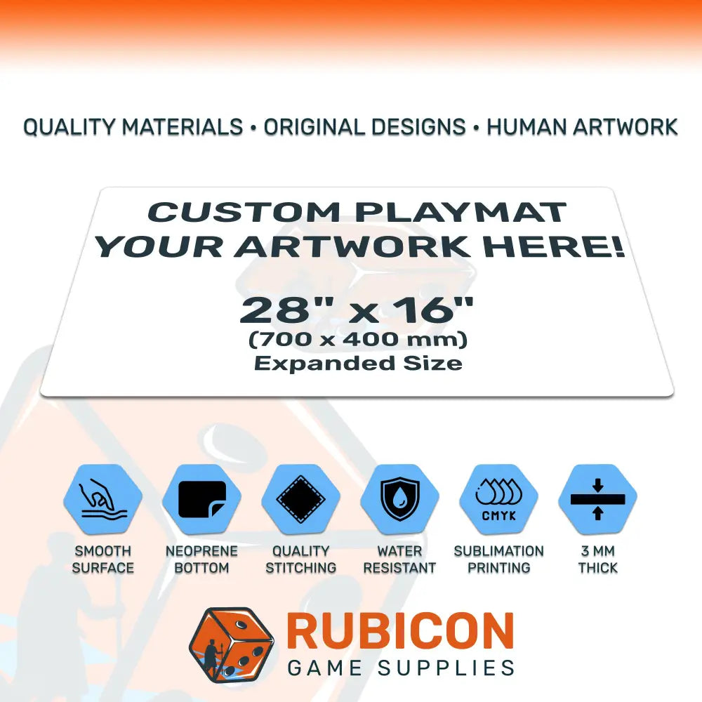 Custom playmat with dimensions and features on a white background, featuring Rubicon Game Supplies logo.