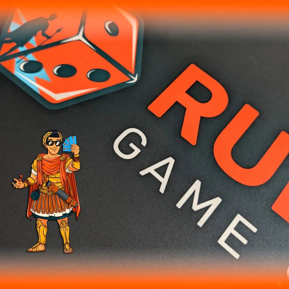 Character holding cards with a dice and 'Rune Game' text on a dark background