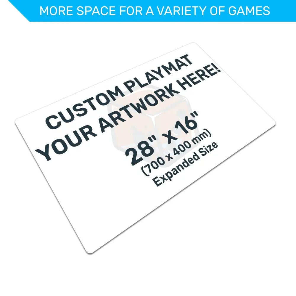 Custom playmat with text indicating size and customization options on a white background