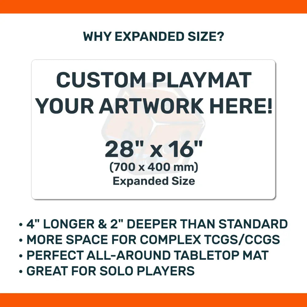 Custom playmat size chart with dimensions and benefits on a white background.