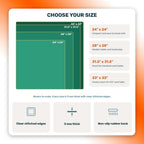 Mahjong mat size guide drawn to scale: 24 x 24, 28 x 28, 31.5 x 31.5 and 33 x 33 inch, all 3 mm thick with clear stitched edges and a non-slip rubber back