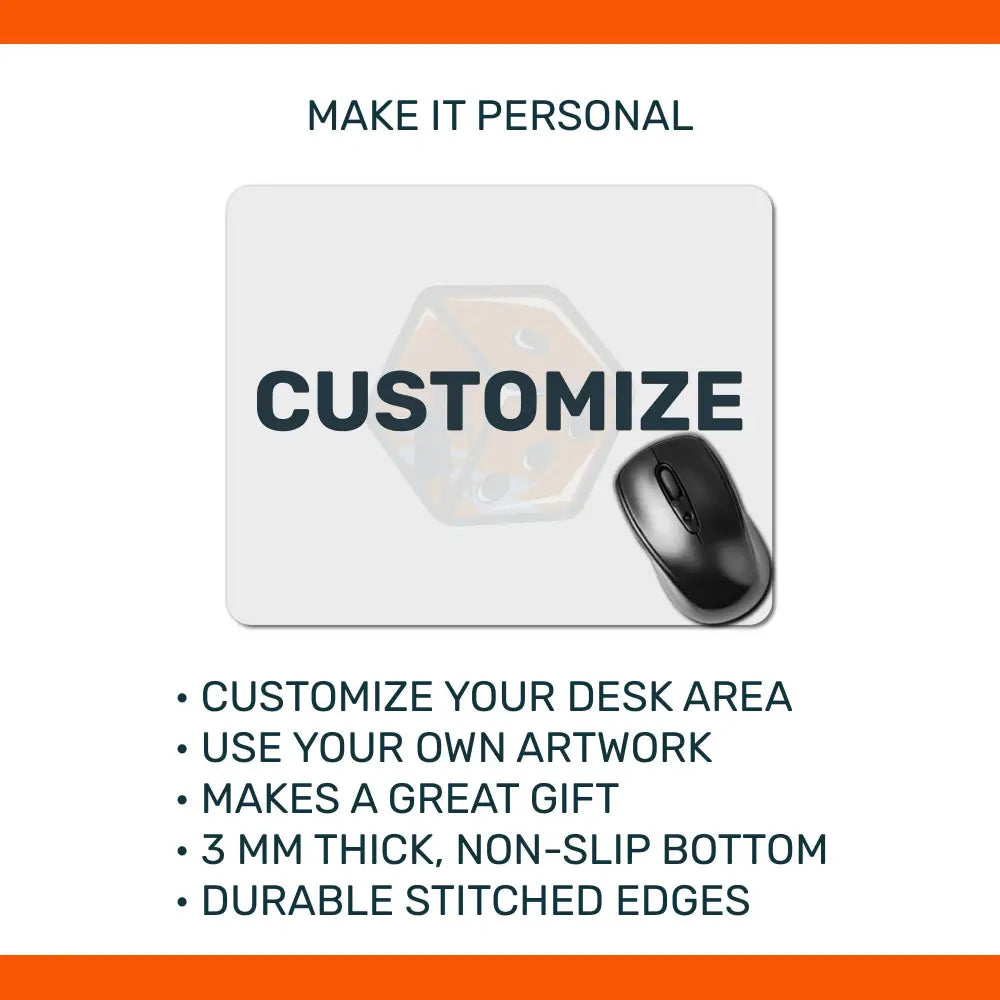 Mouse pad with text 'Customize' and promotional text about personalization and features.
