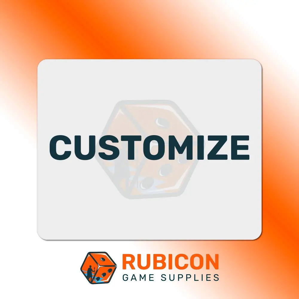 Card with 'CUSTOMIZE' text and dice design, featuring Rubicon Game Supplies logo on an orange gradient background.