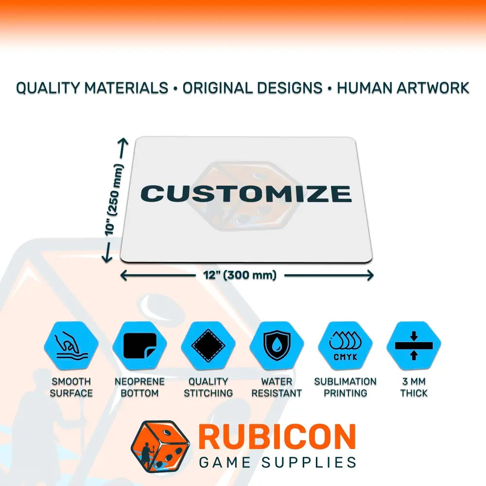 Rubicon Game Supplies product with dimensions and features on a white background