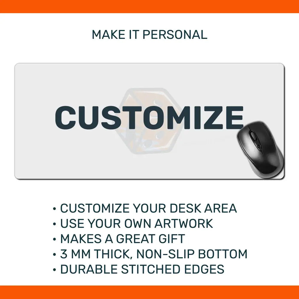 Mouse pad with text 'CUSTOMIZE' and promotional text about customization options.