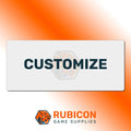 Rubicon Game Supplies customizable dice with 'CUSTOMIZE' text on an orange gradient background.