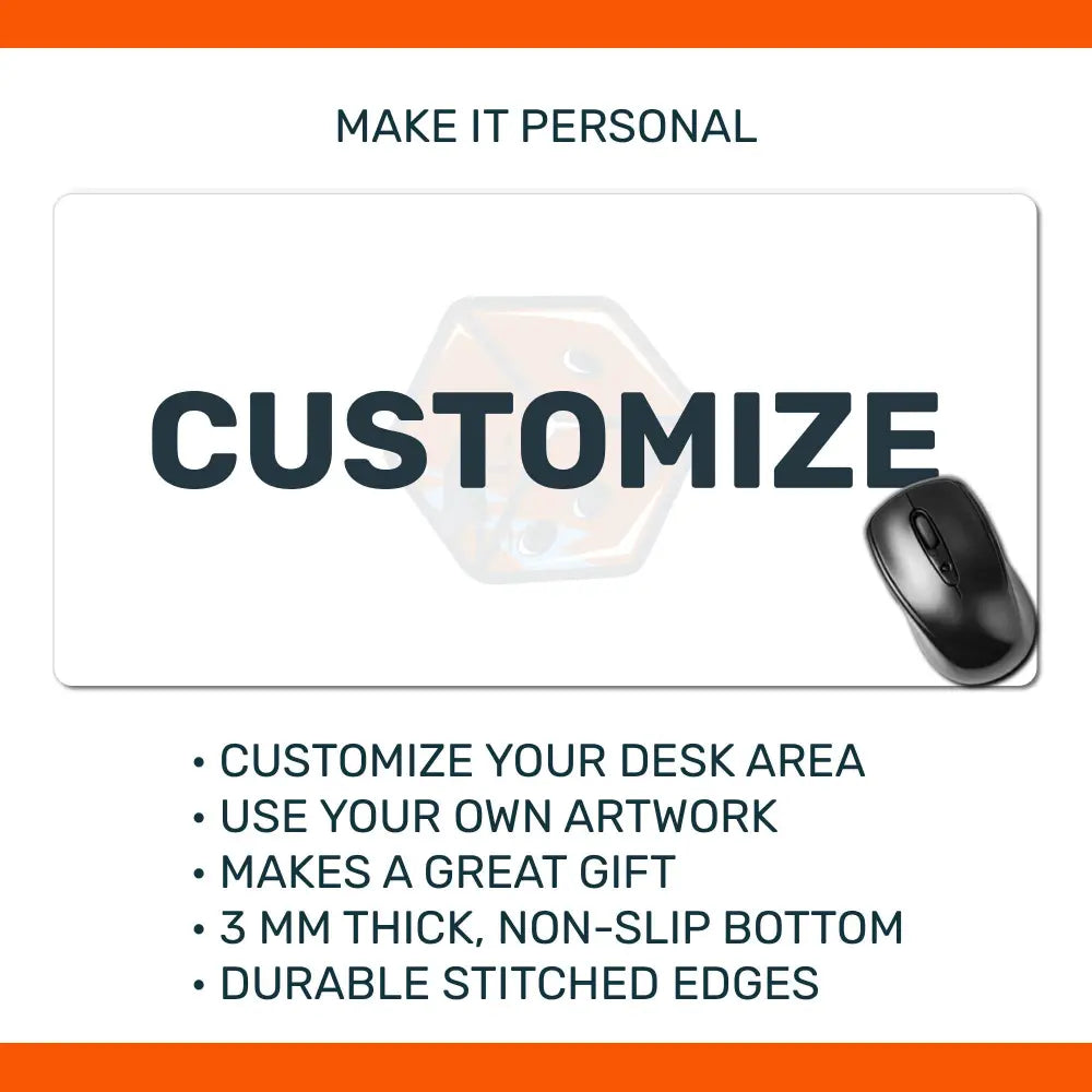 Mouse pad with text 'Customize' and promotional text about personalization and features.